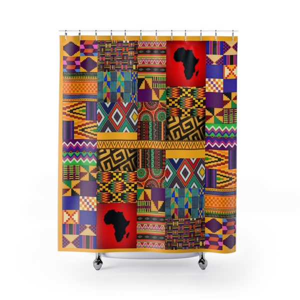 African Quilt Modern Shower Curtains 71X74, Unique Retro Shower Curtains Housewarming Gift, Funny Ethno Shower Curtains Fall Bathroom Decor