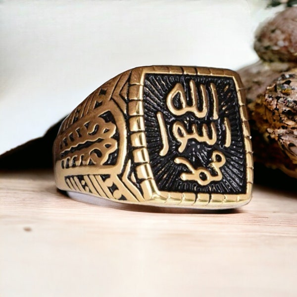 Prophet Muhammad Ring/ Islamic Ring/ Arabic Ring Men/ Arabic Muslim Ring/ Shahada Ring/ Gold Plated Stainless Steel Ring/ Signet Ring
