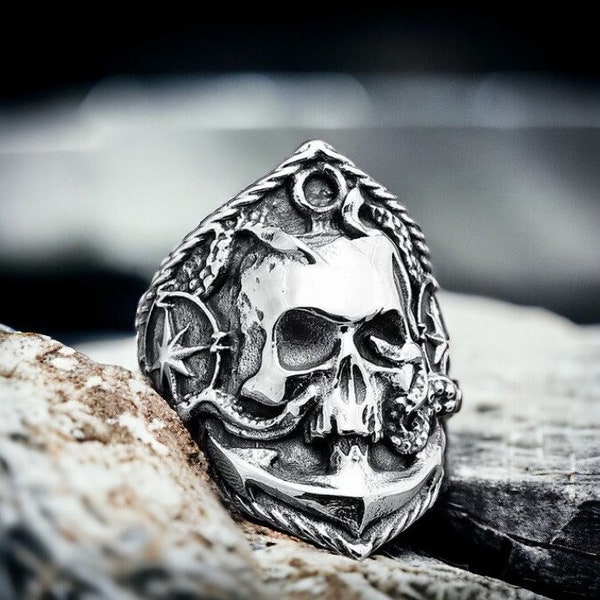 Pirate Skull Ring/ Octopus Tentacle Ring/ Pirate Captain Ring/ Biker Ring/ Nautical Ring/ Stainless Steel Ring/ Nautical Ring/ Compass Ring