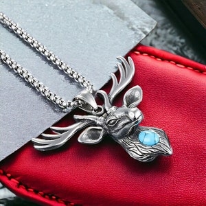 MENDEL Men's Stag Deer Head Pendant Necklace - Turquoise Stone, Stainless Steel Chain 7 thumbnail image