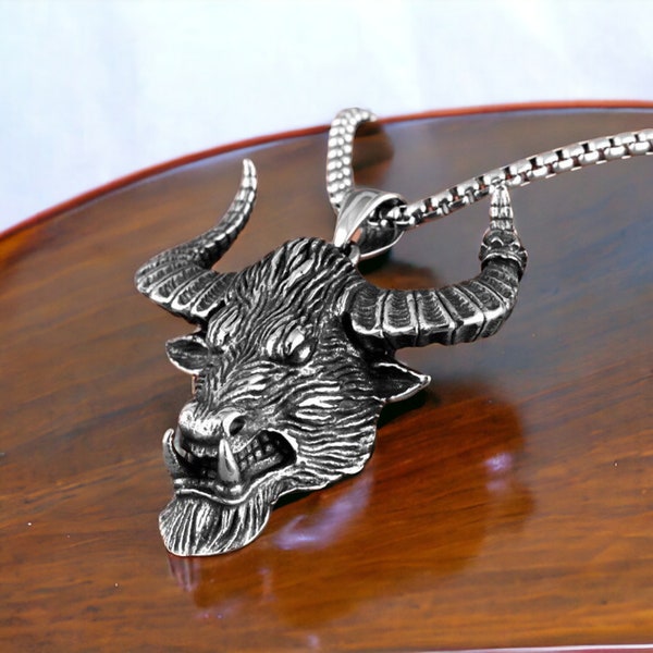 Bull Necklace for Men/ Ox Pendant/ Large Pendant Necklace/ Stainless Steel Necklace/ Cool Necklace/ Charm Necklace/ Punk Necklace