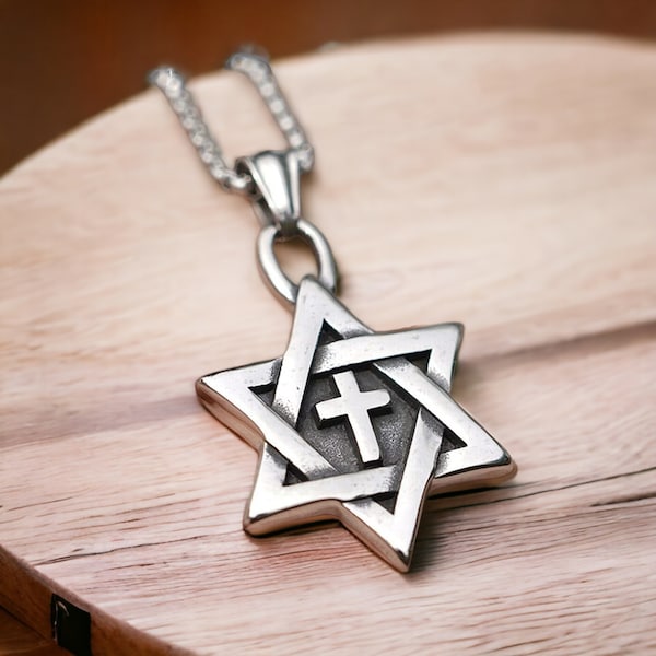 Star of David Cross Necklace/ Hexagram Necklace/ 6 Point Star Pendant/ Stainless Steel Necklace/ Charm Necklace/ Star Necklace