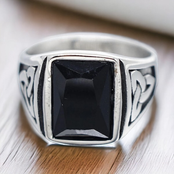 Black Obsidian Ring/ Celtic Trinity Knot Ring/ Stainless Steel Ring/ Obsidian Stone Ring/ Celtic Ring/ Ring for Men/ Unique Ring/ Cool Ring