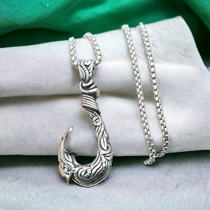 Mans Necklace Silver Fish Hook Necklace on Stainless Steel Curb Chain 
