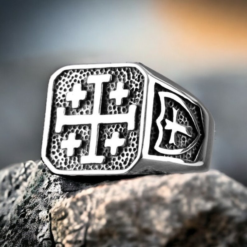 ELFASIO Crusader Jerusalem Cross Men's Stainless Steel Ring - Vintage Style, Sizes 8-13
