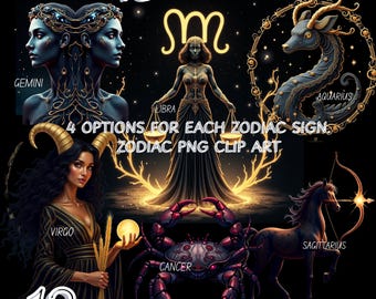 Zodiac Sign Clipart Bundle | Mystical Astrology PNG (Digital Download)