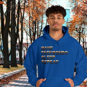 Taekwondo Hoodie Wake Train Repeat - Karate Gym Outfit Aesthetic Motivation - Martial Arts Training Athleisure Style Hooded Sweatshirt