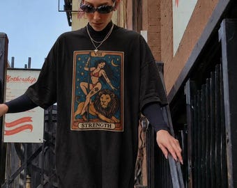 Strength Tarot T-Shirt, Unisex Witchy Astrology Tee, Spiritual Gift, Women's Empowerment Top, Horoscope Apparel, Gift for Her, Zodiac Shirt