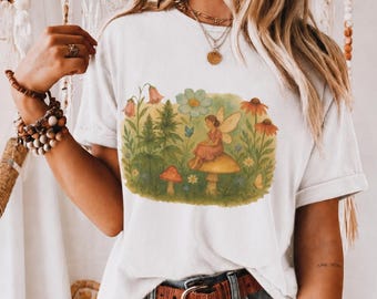 Fairy Garden Watercolor T-Shirt, Vintage Boho Chic Cotton Tee