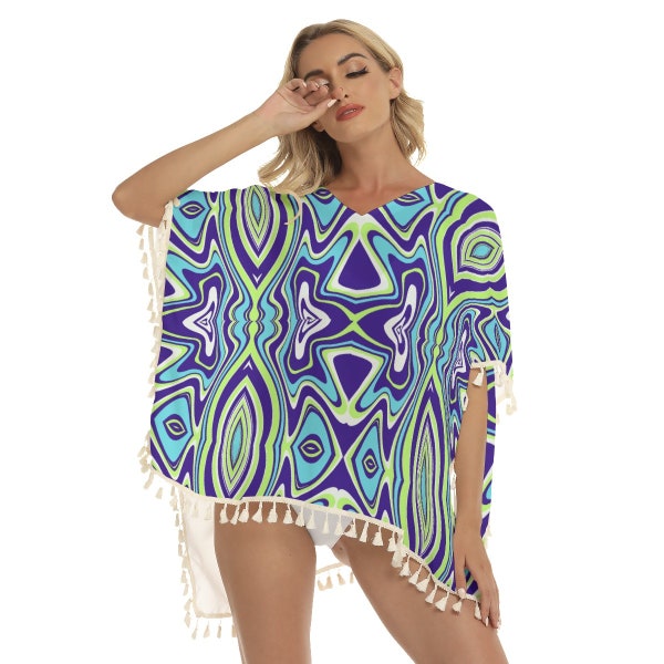 Trippy Mystery Machine Women's Square Fringed Festival Shawl, Comfy Rave Clothes & Rave Accessories,Psychedelic Summer Festival Outfit