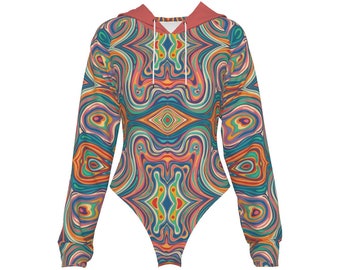 Wavy Baby Raglan Sleeve Hooded Bodysuit, Trippy Festival Outfit, One Piece Rave Outfit Perfect for Music Festivals & Winter Concerts
