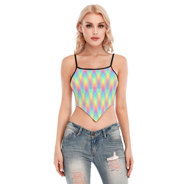 Psychedelic Rainbow Crop Top with Spaghetti Straps for Concerts, Festival Fashion, Raves & LGBTQ Pride/ One of a Kind Hippie Tank Top