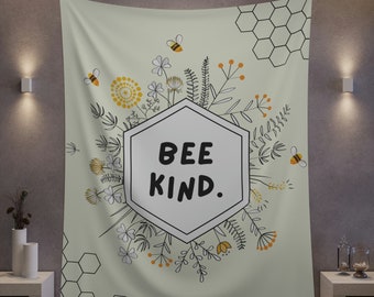Bee Kind Beige Wall Tapestry with Flowers and Honeycomb Design, Nature Tapestry, Cottagecore Decor Wall Tapestry, Hippie Tapestry, Bee Decor
