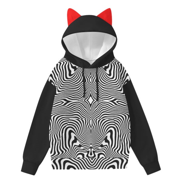 Hypnotic Visions Hoodie With Decorative Ears, Festival Fashion for Winter Concerts, Raves, and Events