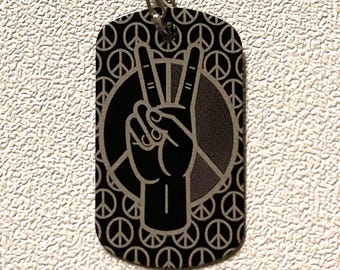 Peace hand sign laser engraved dog tag with three chains