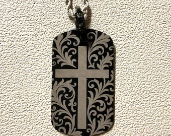Laser engraved crucifix cross dog tag on a beaded chain