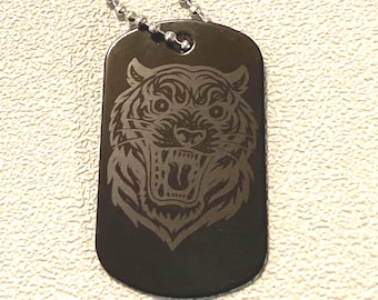 Fierce tiger laser engraved dog tag on chain