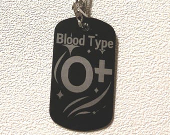 Blood type O positive laser engraved dog tag with three chains