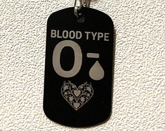 Blood type O negative laser engraved dog tag with two chains