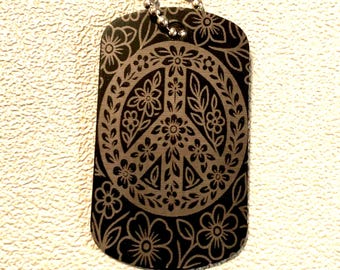 Peace sign and flowers laser engraved dog tag with chain