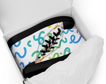 Men's high top canvas shoes with a Doodling Rules pattern by Robert Anthony