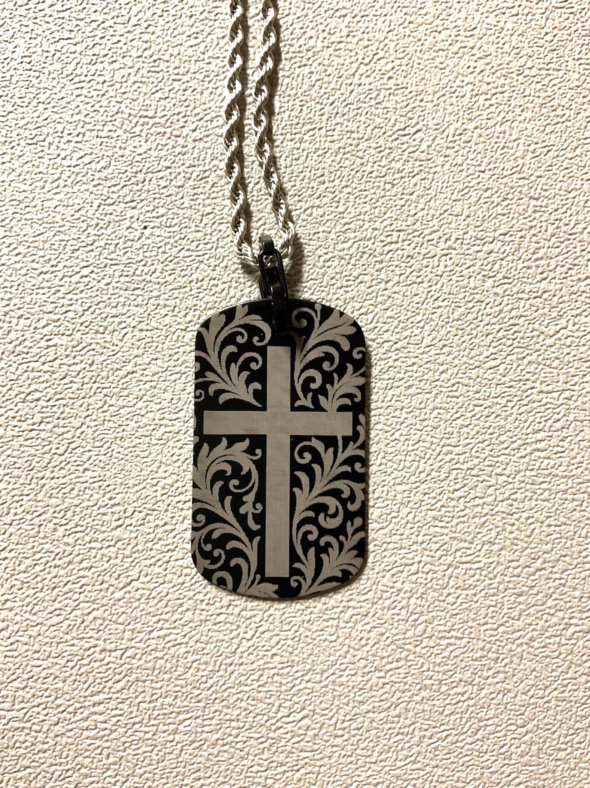 Laser engraved crucifix cross military-style dog tag on a beaded chain
