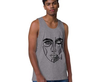 Unisex sleeveless tank top with a minimalist abstract hand-drawn One-Eyed Muse face design by Robert Anthony