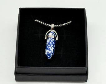 Sodalite crystal point pendant on a chain with a gift box