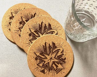 Set of four laser etched cork coasters featuring a cityscape skyline design with a gift bag