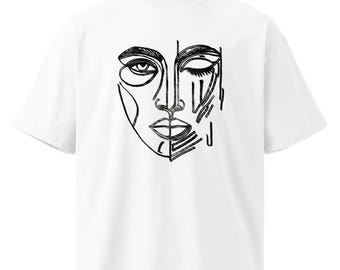 Unisex organic high neck oversized t-shirt with an abstract hand-drawn One-Eyed Muse face design by Robert Anthony