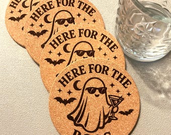 Set of four laser etched cork coasters with a Halloween Here for the Boos ghost design and gift bag