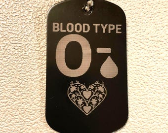 Blood type O negative laser engraved dog tag necklace with two chains