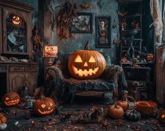 Set of ten spooky Halloween photos including haunted house and jack o lanterns