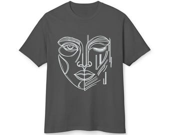 Garment-dyed heavyweight cotton t-shirt with an abstract hand-drawn One-Eyed Muse face design by Robert Anthony