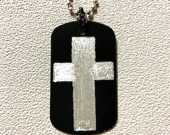 Hand engraved silver cross dog tag necklace on a chain