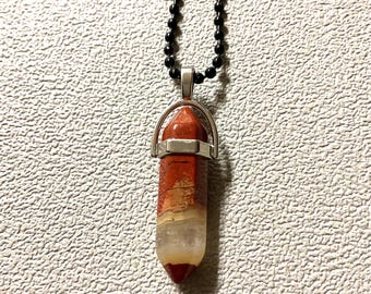 Red jasper and quartz pendant on a chain