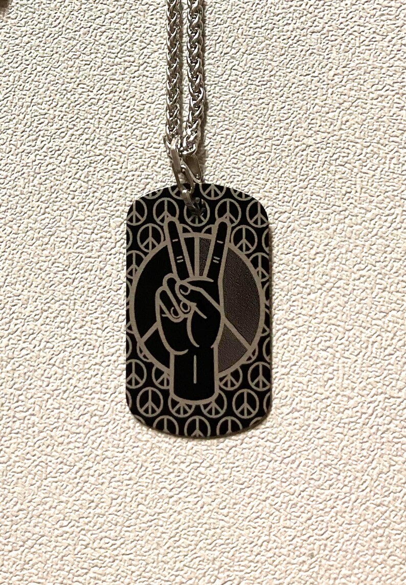 Chain Peace Sign 3 Chains Included- Peace Hand Sign Military Style Dog Tag - Laser ...