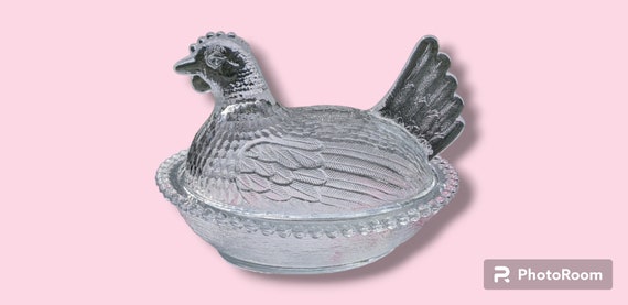 Vintage Indiana glass clear glass chicken on nest lidded dish candy dish