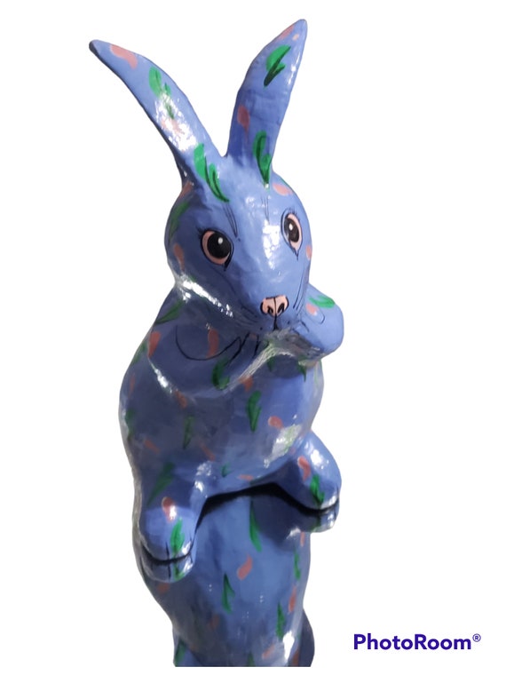Vintage Thai paper mache bunny periwinkle blue with pink hand painted flowers