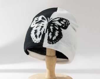 Butterfly Print Beanie Hat - Soft and Warm Knit Cap for Women and Girls