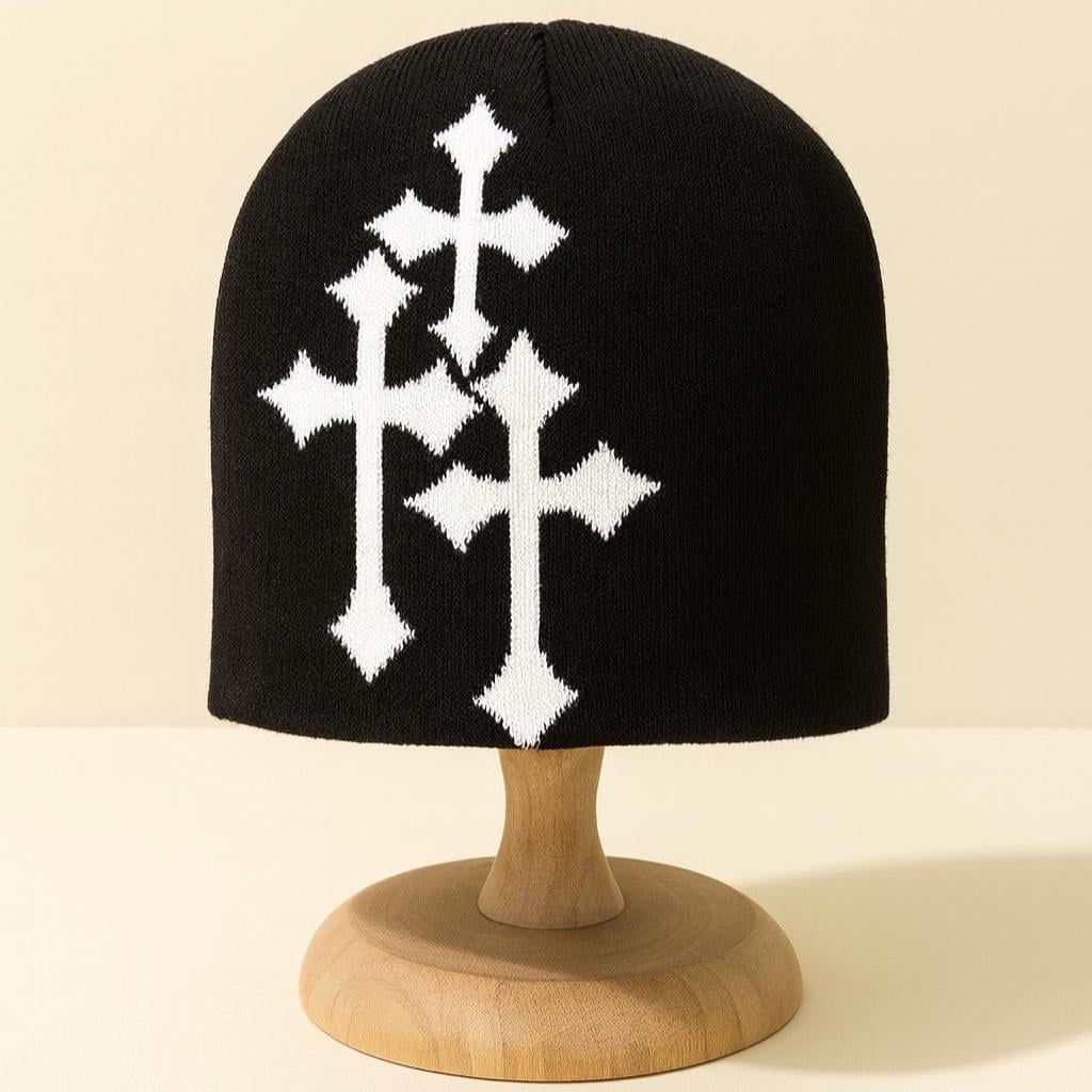 Black Gothic Cross Beanie Gothic Cross Black White Beanie – SLEEFS main image 4