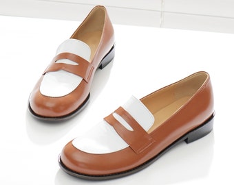 Two-Tone Round-Toe Penny Loafers, Women's Handmade Leather Shoes, Brown & White