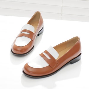 Two-Tone Round-Toe Penny Loafers, Women's Handmade Leather Shoes, Brown & White image 1