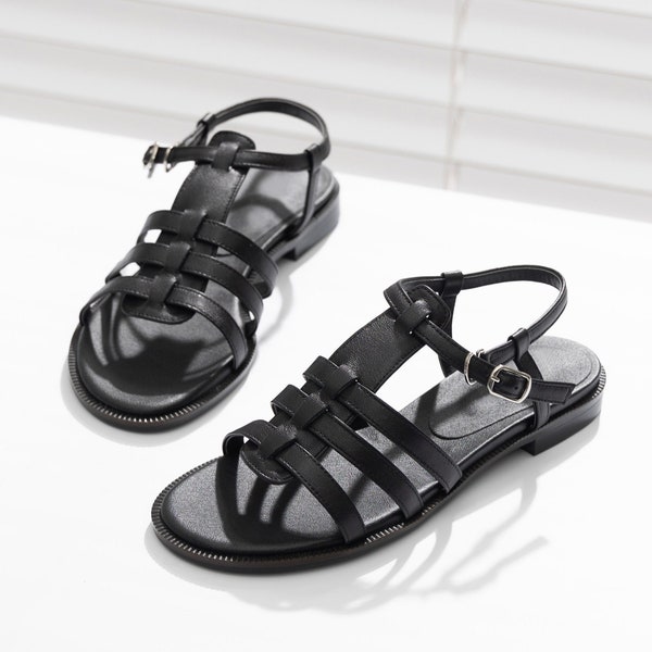 Greek Fisherman Strappy Sandals, Women's Handmade Leather Shoes, Black