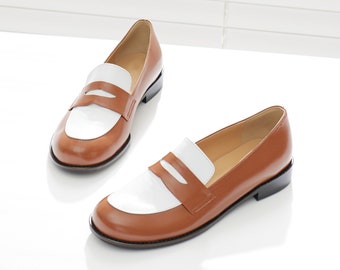 Two-Tone Round-Toe Penny Loafers, Women's Handmade Leather Shoes, Brown & White