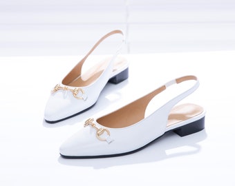 Pointed-Toe Horsebit Slingback Flats, Women's Handmade Leather Shoes, White