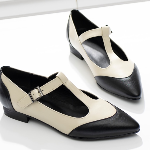 The Doll Maker Women's Cut-Out T-Strap Flat Shoes - Black PU Upper With Side Buckle - View #2