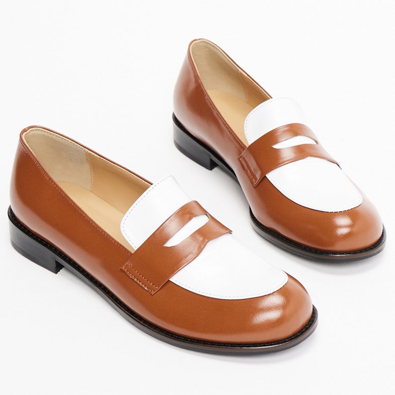 Two-Tone Round-Toe Penny Loafers, Women's Handmade Leather Shoes, Brown & White image 2