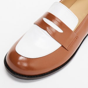 Two-Tone Round-Toe Penny Loafers, Women's Handmade Leather Shoes, Brown & White image 6