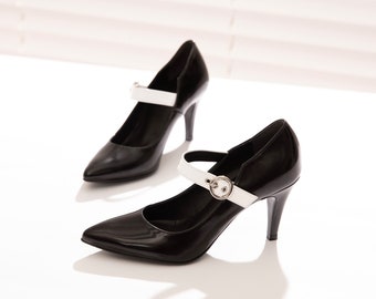 Belt Strap Accent Pointy Toe High Heel Pumps, Women's Handmade Leather Shoes, 2 Colors: White & Black, All Black